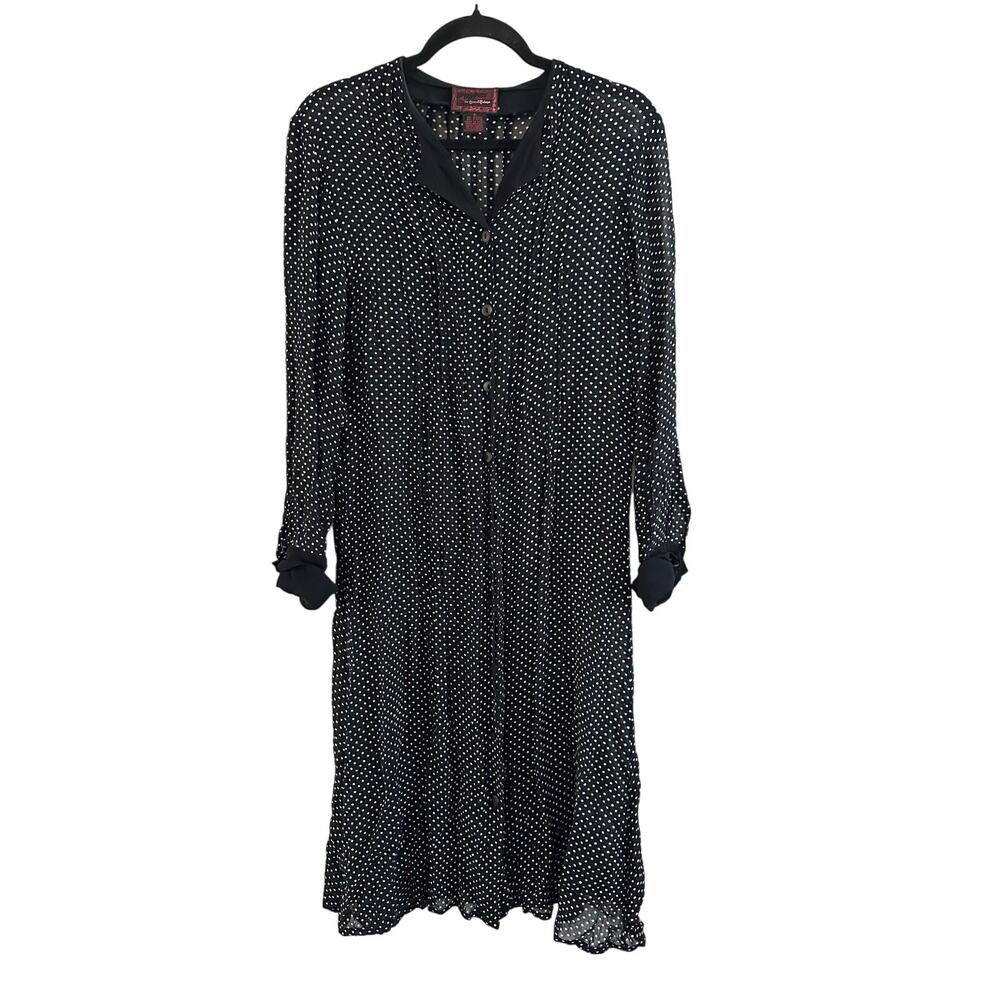 April Cornell Trading Vintage Black Polka Dot Sheer Collared Midi Dress Sz Small